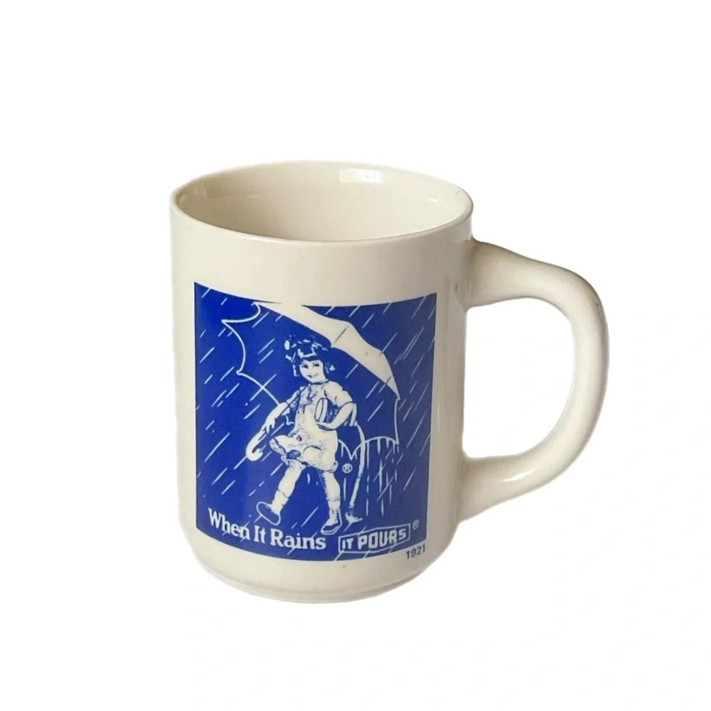“When It Rains It Pours” White Blue Yellow Coffee Mug Set 1914 1921 1968